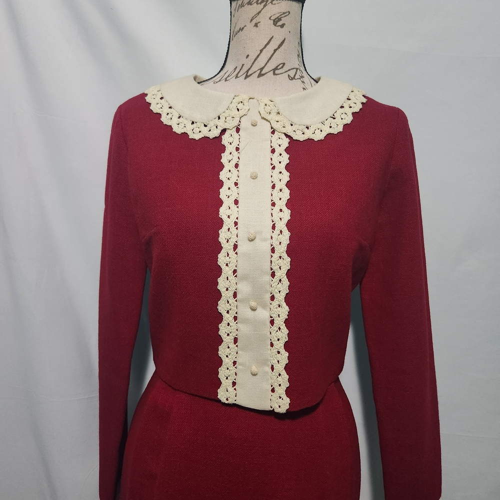 Vintage 60s Gay Gibson Wool Blend Dress & Jacket W Lace Trim. Size 13. Prairie